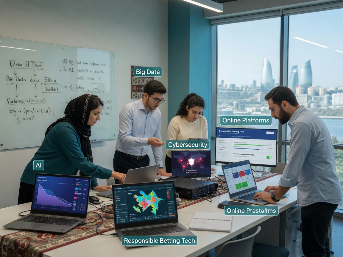 Photorealistic editorial photo in an Azerbaijani university lab: graduate researchers collaborate around laptops showing
