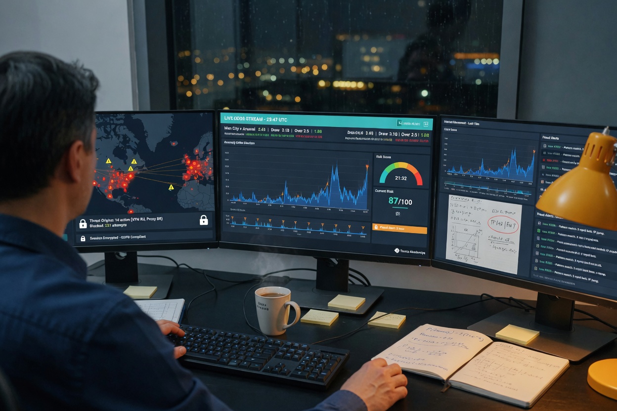 Nighttime office scene with an analyst’s silhouette facing three monitors showing real-time online betting