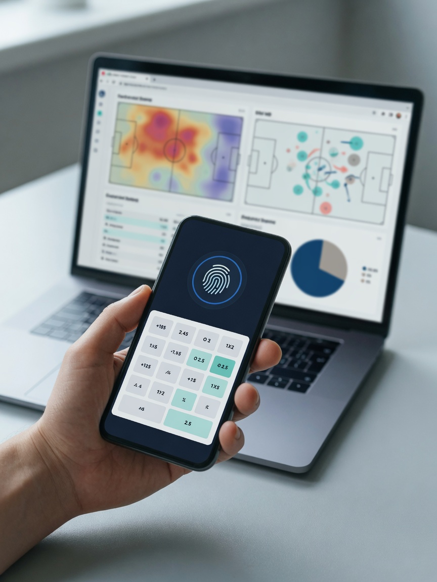 1xBet mobil giriş və mərc analizi üçün smartfon, statistika qrafikləri, canlı matç